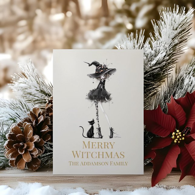 Merry Witchmas Standing Witch Custom Holiday Card (Merry Witchmas Standing Witch Custom Holiday Card  on a wooden table with Christmas decoration)