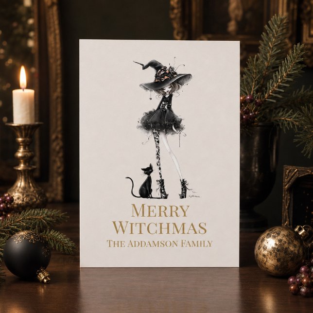 Merry Witchmas Standing Witch Custom Holiday Card (Merry Witchmas Standing Witch Custom Holiday Card)