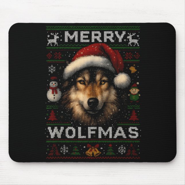 Merry Wolfmas Merry Christmas Wolf Ugly Sweater Fu Mouse Pad (Front)