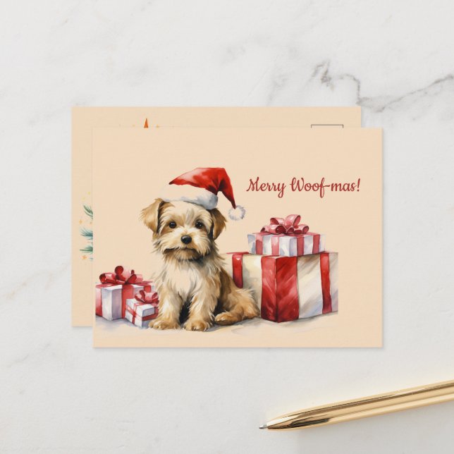 Merry Woof-mas Dog Presents Christmas Postcard (Front/Back In Situ)