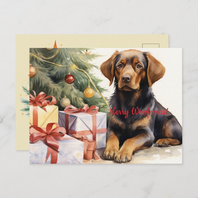 Merry Woof-mas Dog Tree Presents Christmas Postcard (Front/Back)
