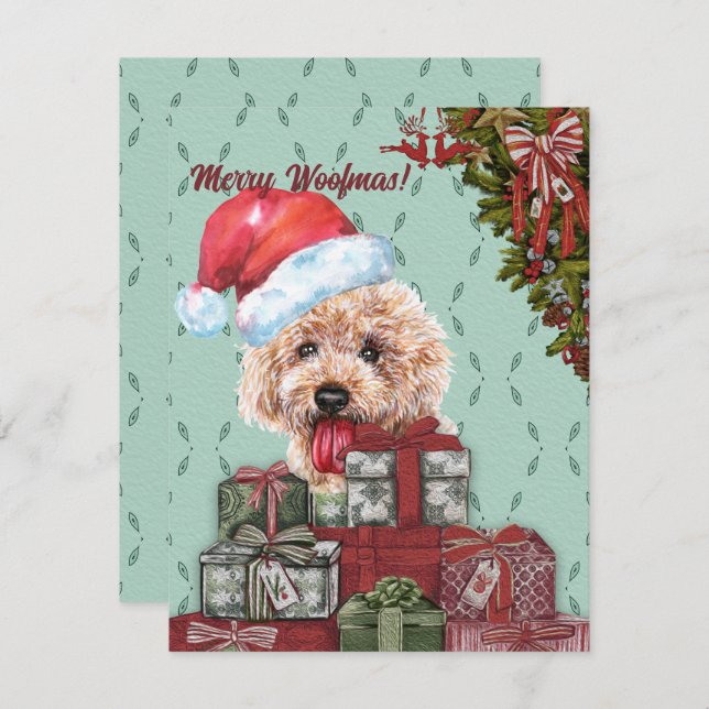 Merry Woofmas! Apricot Poodle Santa Hat Christmas Card (Front/Back)