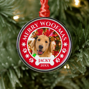 Merry Woofmas Christmas Custom Pet Dog Photo Metal Ornament