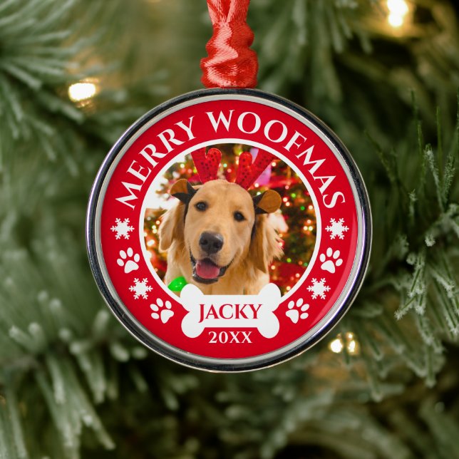 Merry Woofmas Christmas Custom Pet Dog Photo Metal Ornament (Tree)