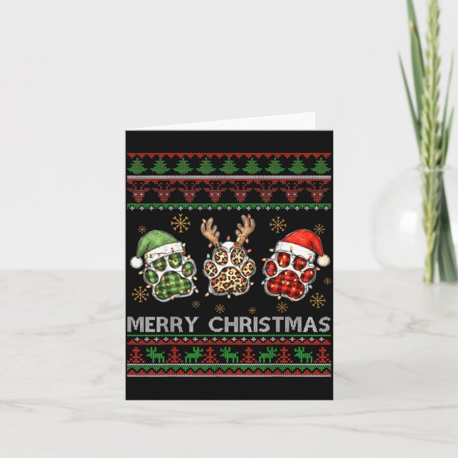 Merry Woofmas Christmas Dog Paws Leopard Ugly Swea Card (Front)