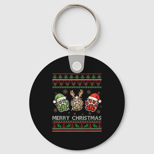 Merry Woofmas Christmas Dog Paws Leopard Ugly Swea Key Ring (Front)