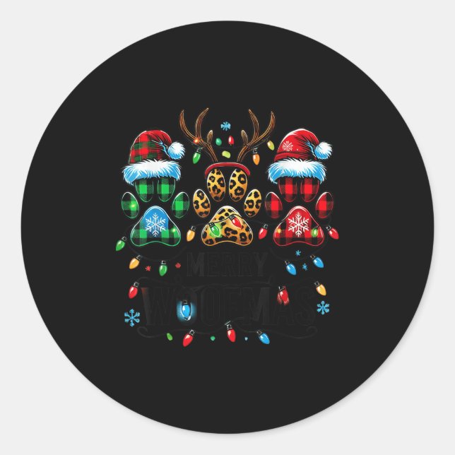 Merry Woofmas Christmas Dog Paws Lights Buffalo Pl Classic Round Sticker (Front)