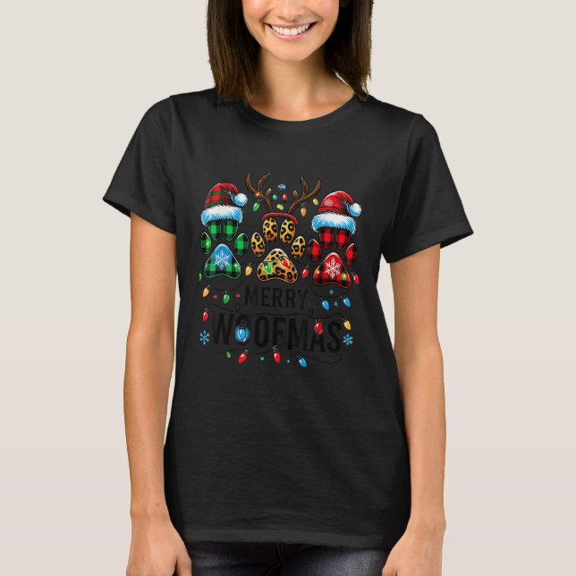 Merry Woofmas Christmas Dog Paws Lights Buffalo Pl T-Shirt (Front)