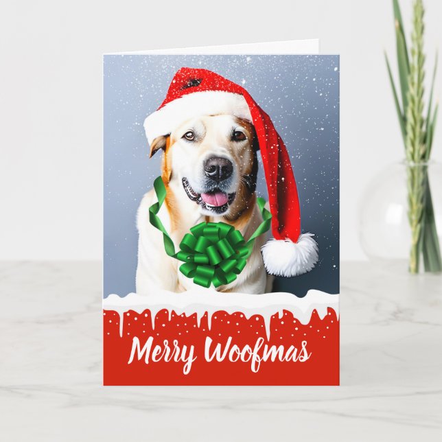 Merry Woofmas Cute Christmas Dog in the Snow Holiday Card (Front)