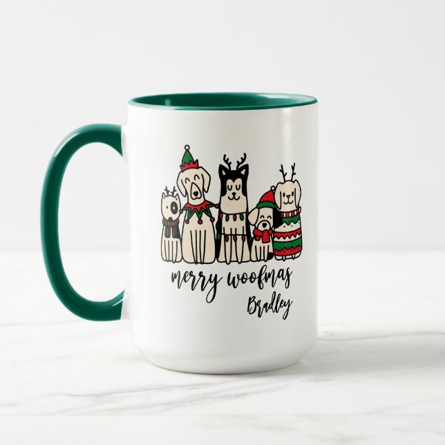 Merry Woofmas Cute Dogs Christmas Custom Name Mug (Left)