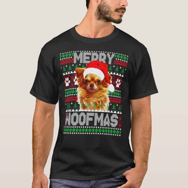 Merry Woofmas Cute Long Coat Chihuahua Dog Ugly Sw T-Shirt (Front)