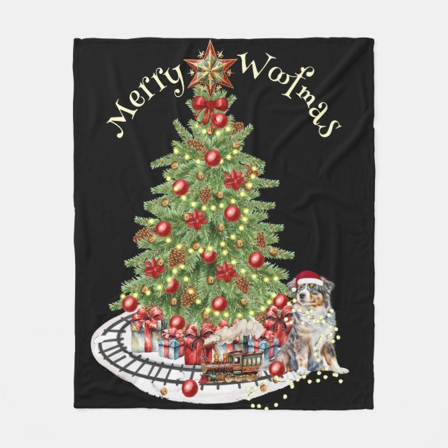 Merry Woofmas Dog Design- Australian Shepherd Fleece Blanket (Front)
