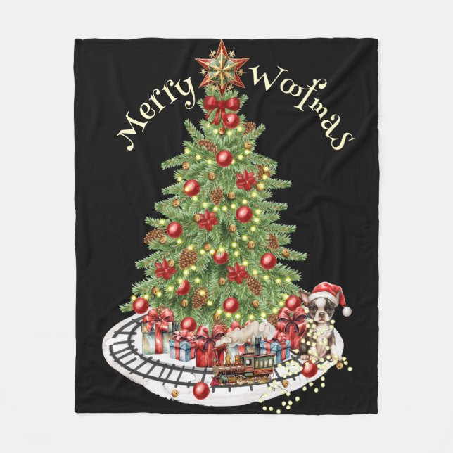 Merry Woofmas Dog Design- Boston Terrier Fleece Blanket (Front)