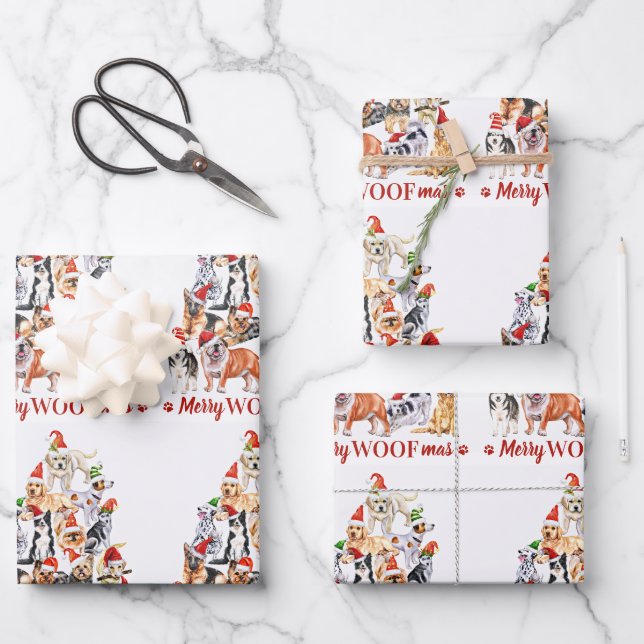 Merry Woofmas Dog Lover Christmas Tree Dogs Wrapping Paper Sheet (Front)