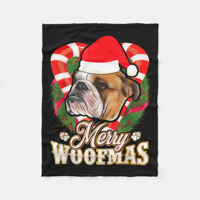Merry Woofmas English Bulldog With Santa Claus Hat Fleece Blanket (Front)