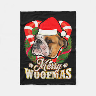 Merry Woofmas English Bulldog With Santa Claus Hat Fleece Blanket