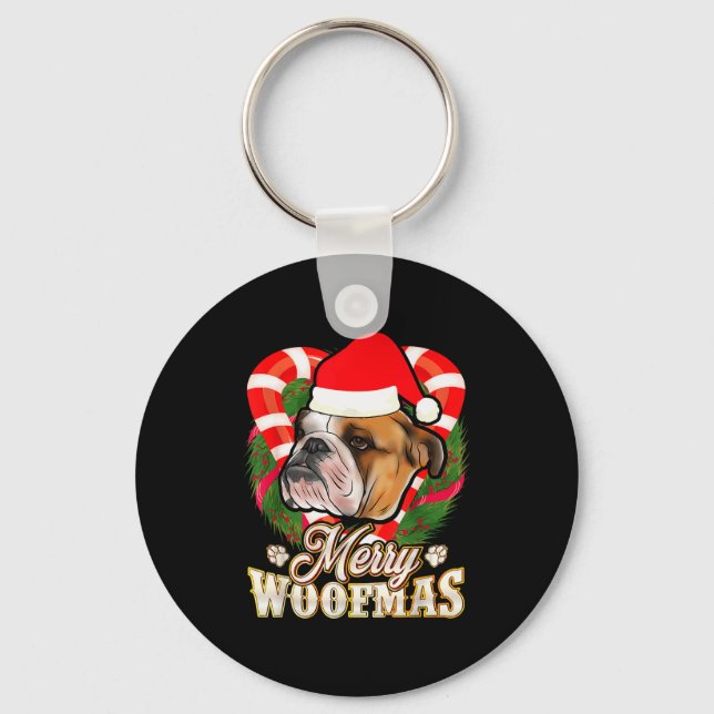 Merry Woofmas English Bulldog With Santa Claus Hat Key Ring (Front)