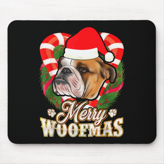 Merry Woofmas English Bulldog With Santa Claus Hat Mouse Pad (Front)
