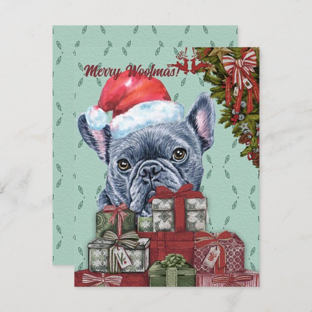 Merry Woofmas! French Bulldog Santa Hat Christmas Card (Front/Back)