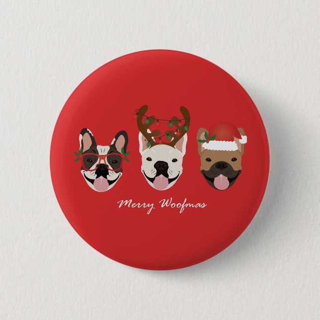 Merry Woofmas French Bulldogs Christmas Heads 6 Cm Round Badge (Front)