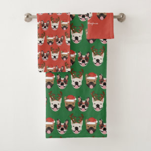 Merry Woofmas French Bulldogs Christmas Heads Bath Towel Set
