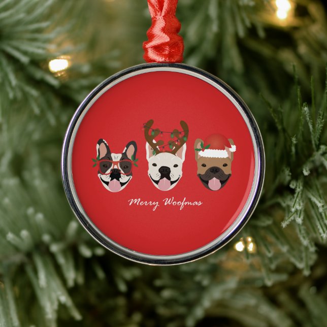 Merry Woofmas French Bulldogs Christmas Heads Metal Ornament (Tree)