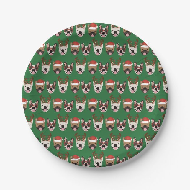 Merry Woofmas French Bulldogs Christmas Heads Paper Plate (Front)