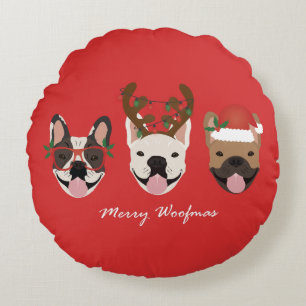 Merry Woofmas French Bulldogs Christmas Heads Round Cushion