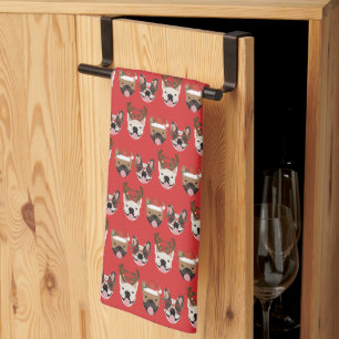 Merry Woofmas French Bulldogs Christmas Heads Tea Towel