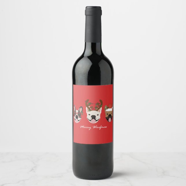 Merry Woofmas French Bulldogs Christmas Heads Wine Label (Front)