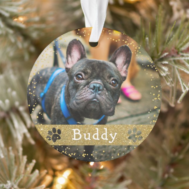 Merry Woofmas Gold Glitter Dog Pet Photo Ornament (Tree)