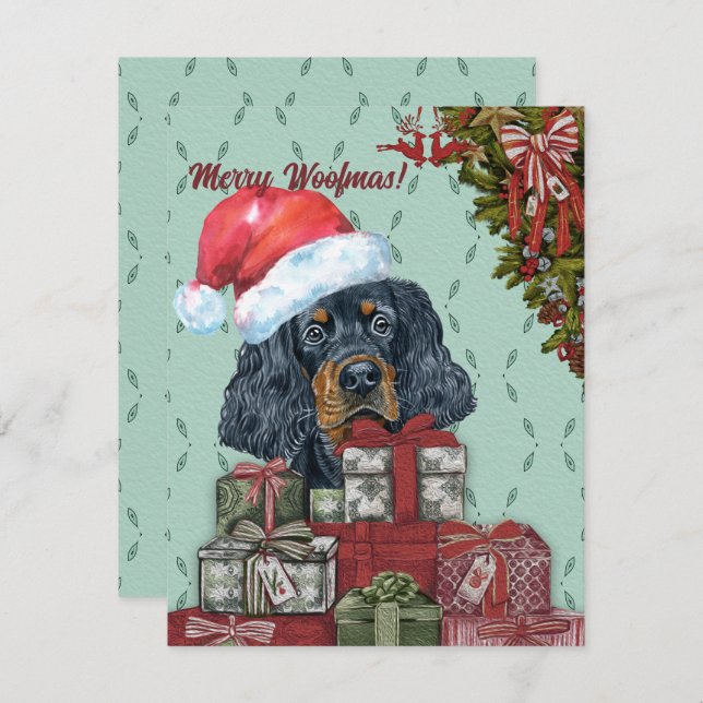 Merry Woofmas! Gordon Setter Santa Hat Christmas Card (Front/Back)