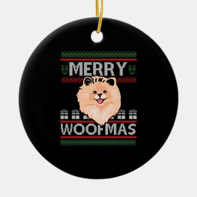 Merry Woofmas Pomeranian Christmas Dog Lover Gift  Ceramic Ornament (Front)