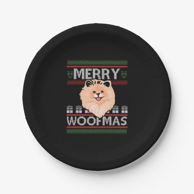 Merry Woofmas Pomeranian Christmas Dog Lover Gift  Paper Plate (Front)