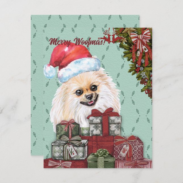 Merry Woofmas! Pomeranian Santa Hat Christmas Gift Card (Front/Back)
