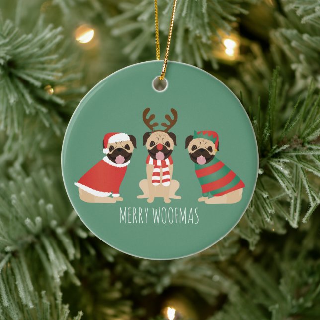 Merry Woofmas Pug Dogs Ceramic Ornament (Tree)