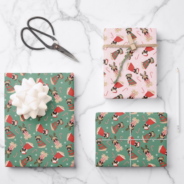 Merry Woofmas Pug Dogs Wrapping Paper Sheet (Front)
