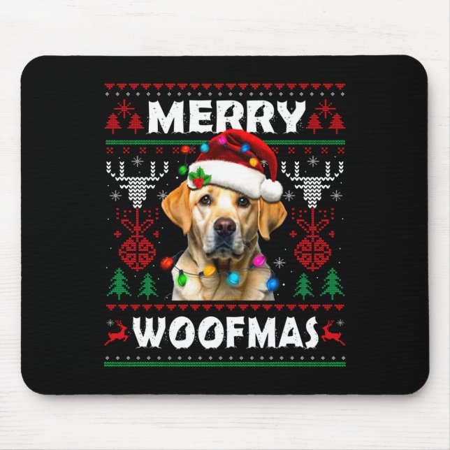 Merry Woofmas Yellow Labrador Christmas Ugly Sweat Mouse Pad (Front)