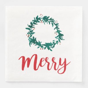 Merry Wreath Berry Red Script Christmas Napkin
