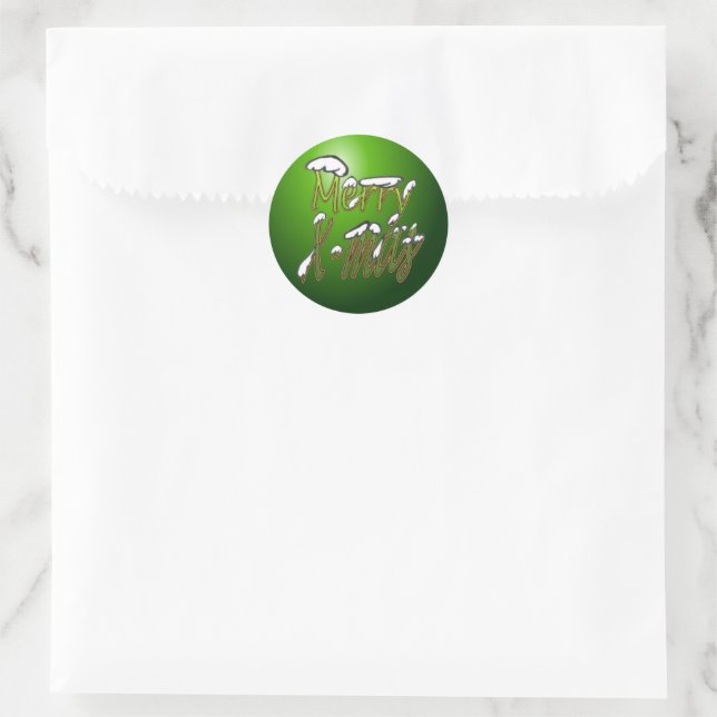 Merry X-mas Green Lettering Round Sticker (Bag)