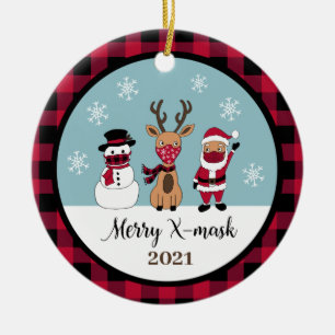 Merry X-Mask Funny Buffalo Plaid Check Santa Ceramic Ornament