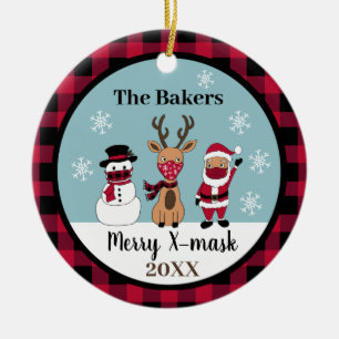 Merry X-Mask Funny Buffalo Plaid Check Santa Ceramic Ornament