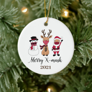 Merry X-Mask Funny Buffalo Plaid Santa Ceramic Ornament