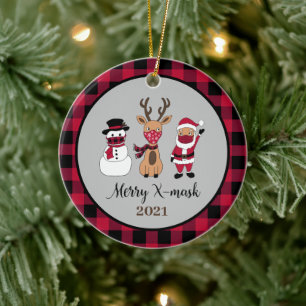 Merry X-Mask Funny Buffalo Plaid Santa  Ceramic Ornament