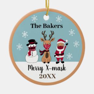 Merry X-Mask Funny Reindeer Snowman Santa Ceramic Ornament