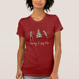 "Merry X-raymas" with skeletons in Santa hats T-Shirt