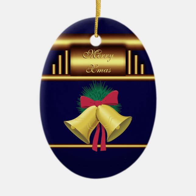 Merry Xmas Bells on Brass and Blue Ceramic Tree Decoration (Front)