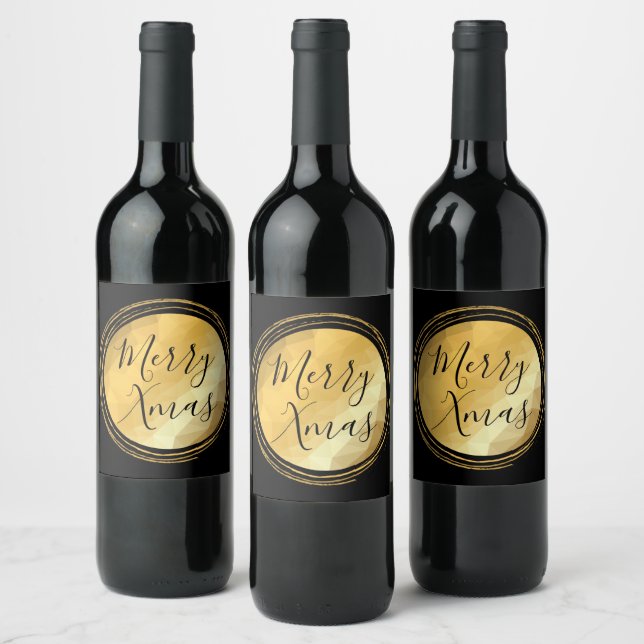 Merry Xmas black and gold bright chic luxury text Wine Label (Bottles)