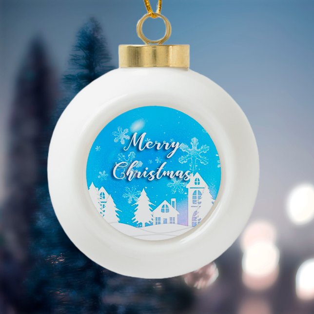 Merry Xmas Blue White House Snow  Ceramic Ball Christmas Ornament (Creator Uploaded)