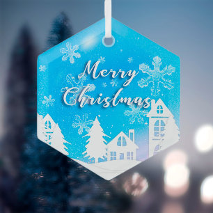 Merry Xmas Blue White House Snow Glass Tree Decoration